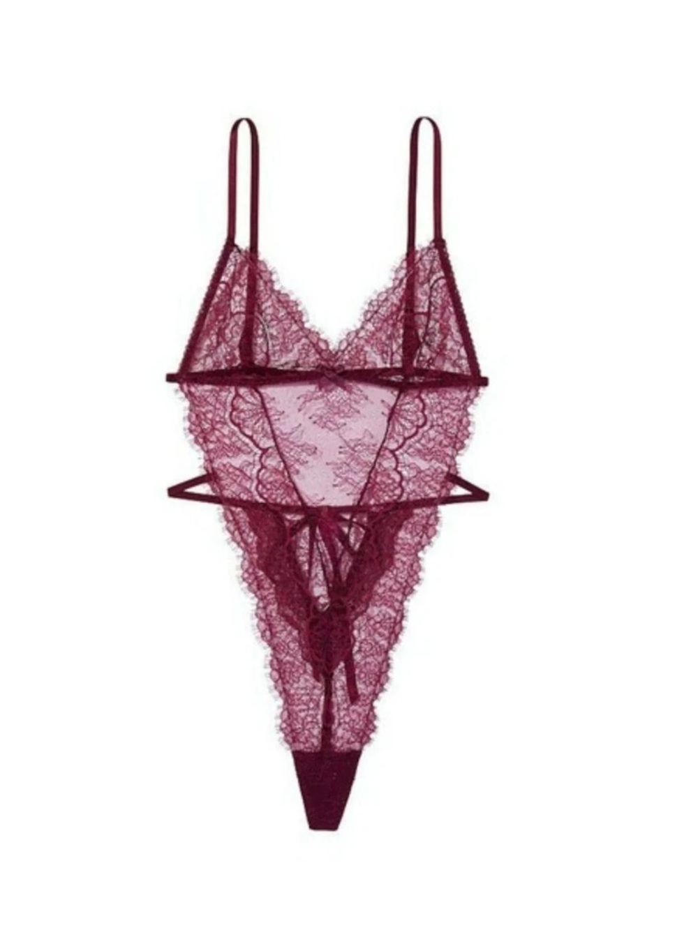 Sheer Lace Strappy Teddy Bodysuit - Wine